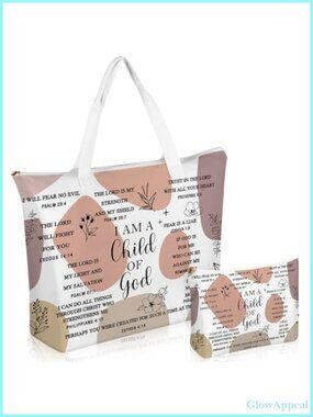 Christian Canvas Tote Bag Set with Makeup Bag Bible Verse Beach Bag
